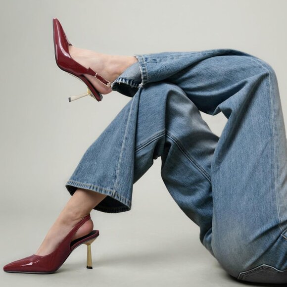 Women Slingback Heels Patent Leather Pointed Toe Stiletto 3.1 Inch Heeled Sandal - Picture 2 of 5